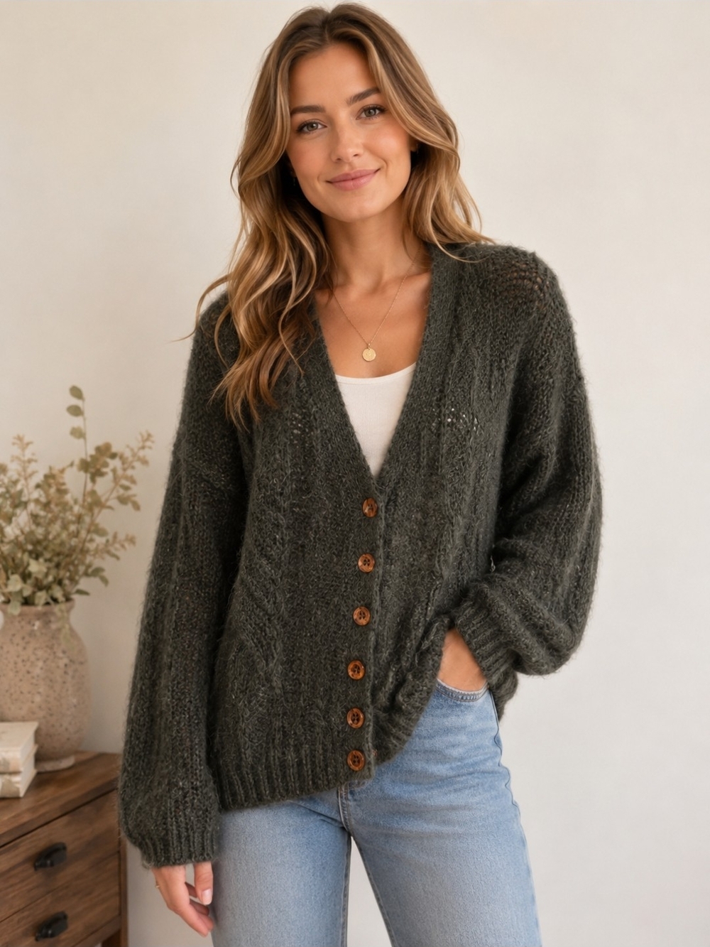 Vintage Country Shop Made in Italy Mohair Olive Cable Knit Sweater Cardigan Sz.L